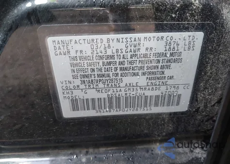 2018 Nissan Sentra Sr из США, поврежденный, VIN 3N1AB7AP0JY287515